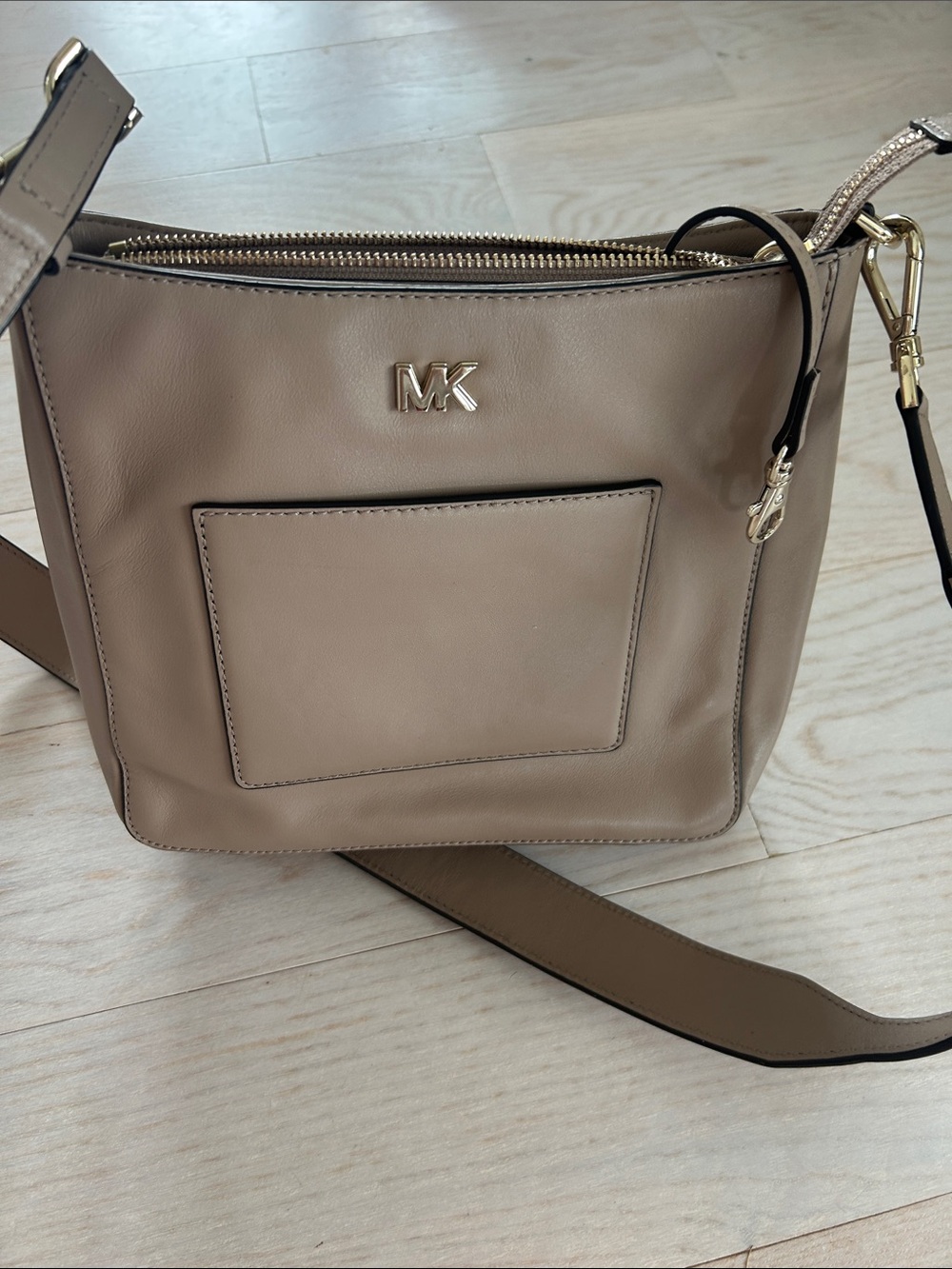 Michael Kors Taupe Leather Crossbody with Gold MK Logo
